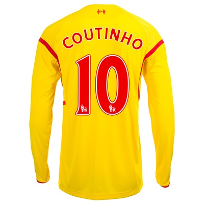 Liverpool Away Shirt 2014/15 Long Sleeve Kids Yellow with Coutinho 10 printing