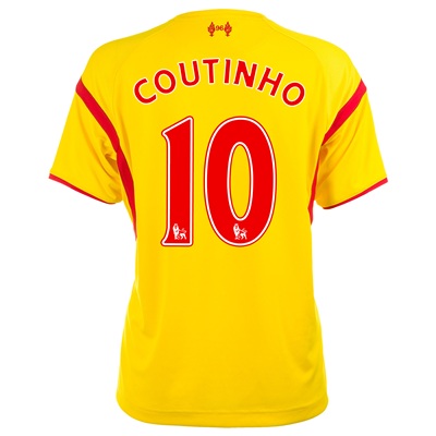 Liverpool Away Shirt 2014/15 Womens Yellow with Coutinho 10 printing