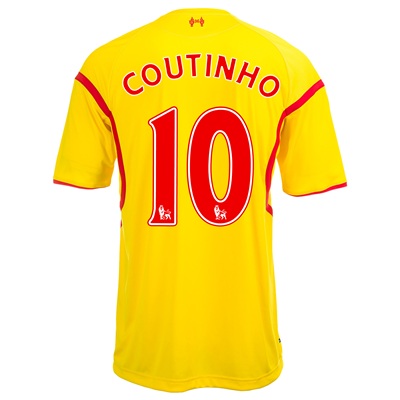 Liverpool Away Shirt 2014/15 Yellow with Coutinho 10 printing
