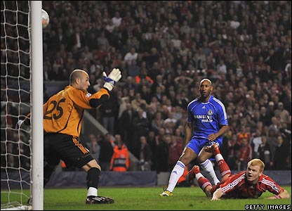 Riise scores an own goal against Chelsea