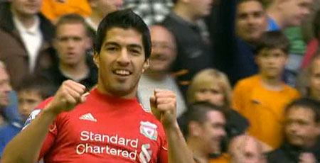 Luis Suarez scores against Wolves