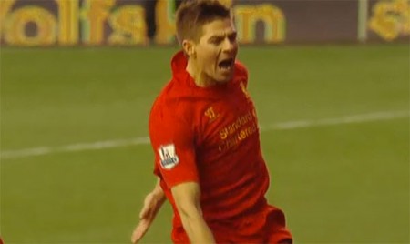 Steven Gerrard celebrates scoring penalty against Tottenham