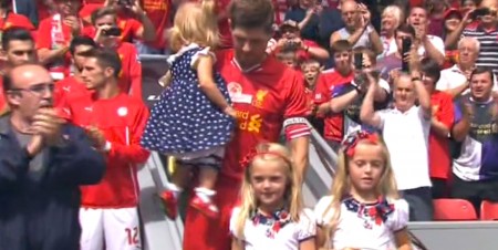 Gerrard makes his way on to the pitch