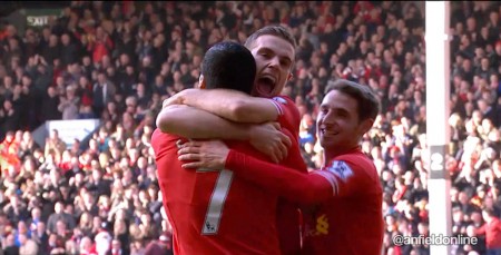 Henderson, Suarez and Allen celebrate the reds first goal