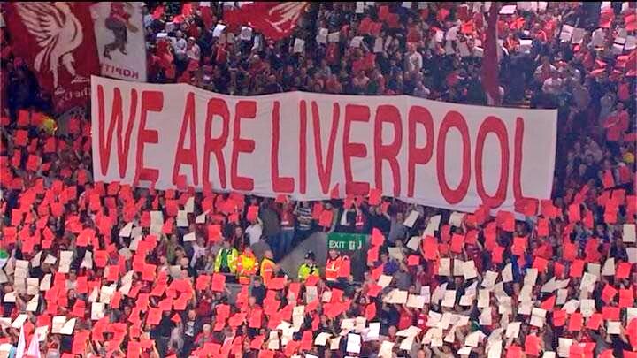 LFC fans hold a mosaic with 5 European cups before kick off