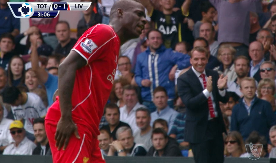 Brendan Rodgers laughs at Mario Balotelli's miss