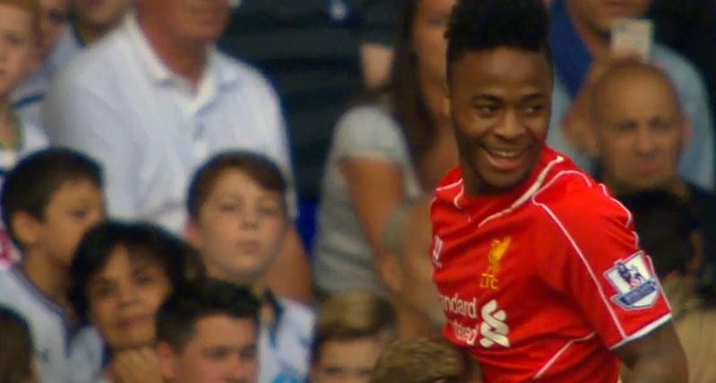 Raheem Sterling celebrates against Spurs (Anfield Online)