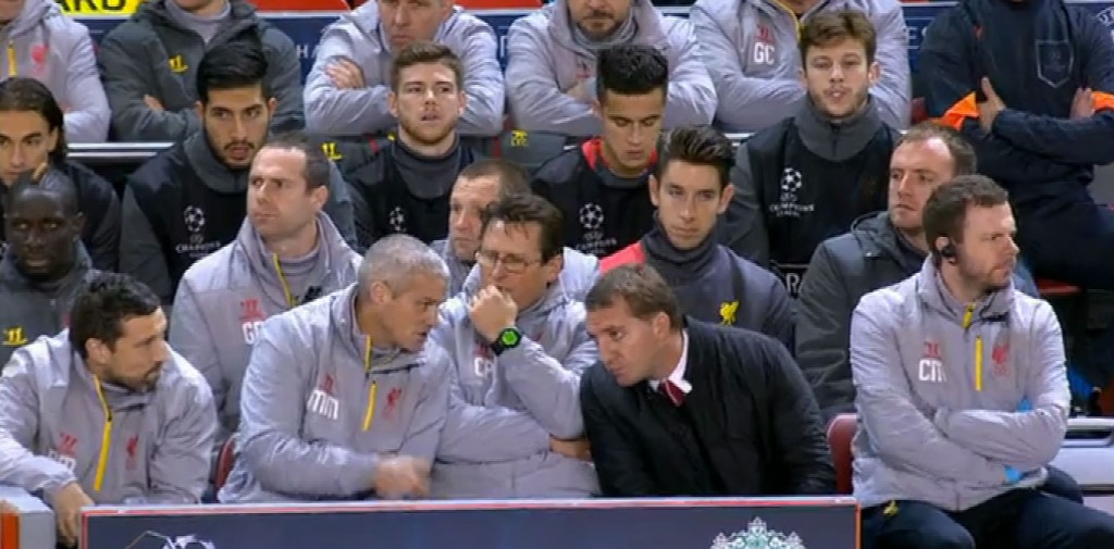 Liverpool bench v FC Basel at Anfield