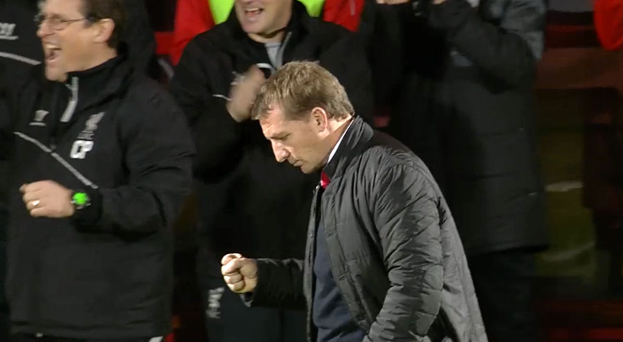 Brendan Rodgers celebrates Liverpool's third goal v Bournemouth
