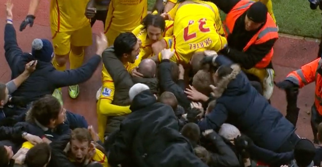 LFC players celebrate after Rickie Lambert's goal against Aston Villa