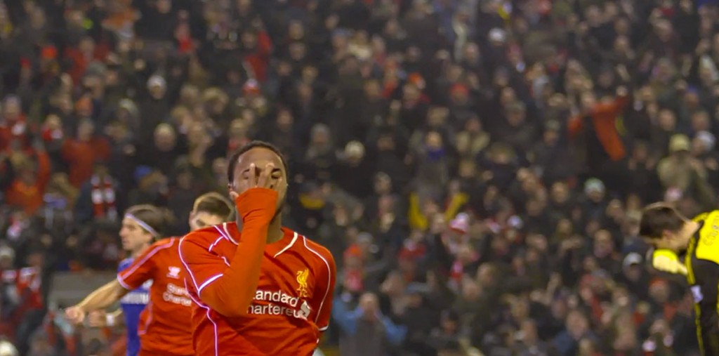 Raheem Sterling celebrates his semi final goal against Chelsea.