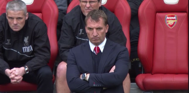 Brendan Rodgers watches on at the Emirates
