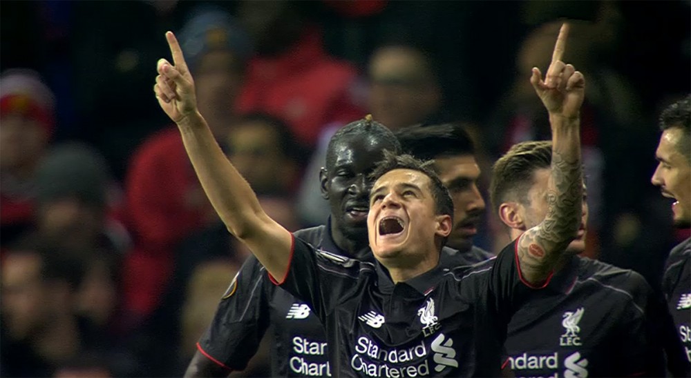 Coutinho celebrates his goal against United