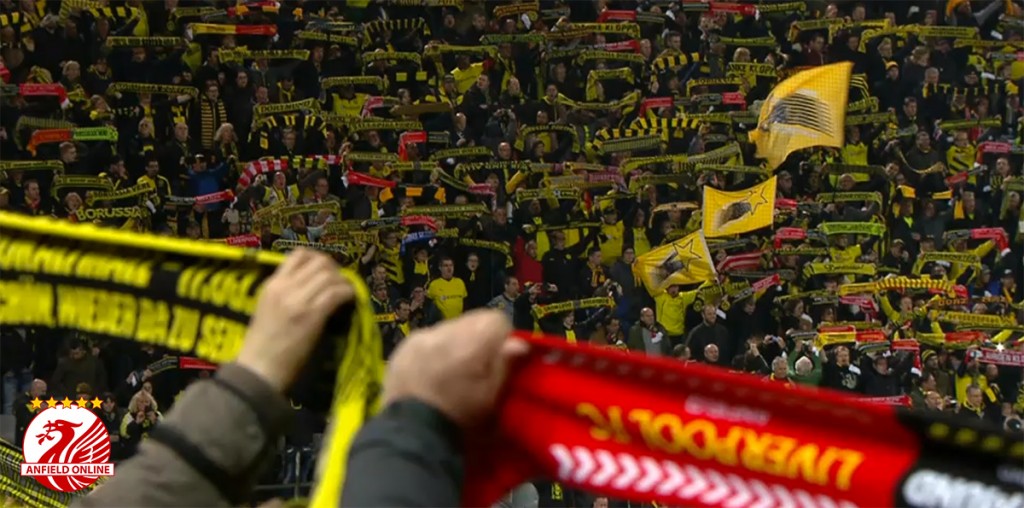 Dortmund and Liverpool fans sing YNWA at the Westfalenstadion