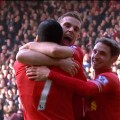 Henderson, Suarez and Allen celebrate the reds first goal