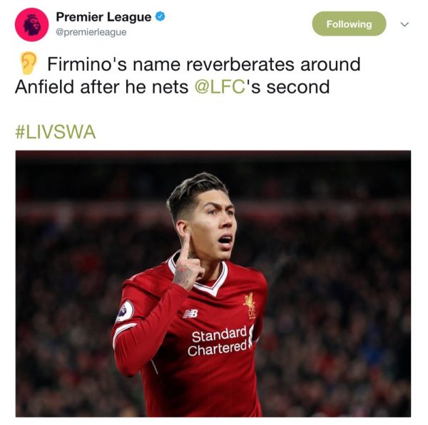 Firmino's name sung at Anfield