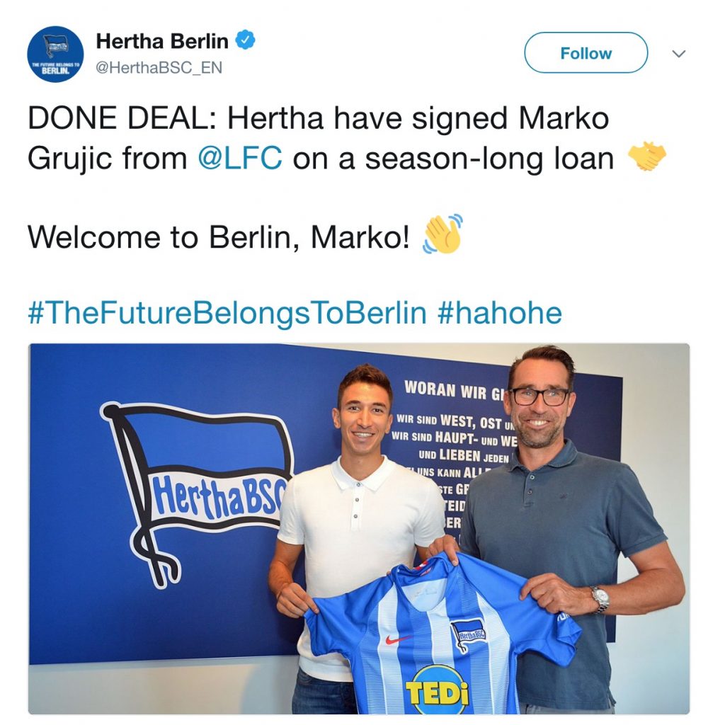 Grujic joins Hertha Berlin on loan