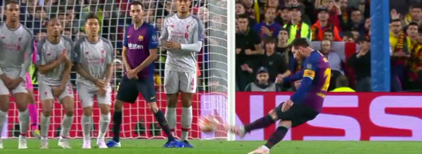 Messi scores a free kick against the reds