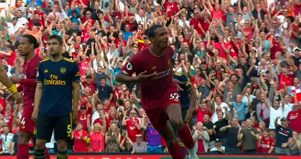 Joel Matip celebrates v Arsenal