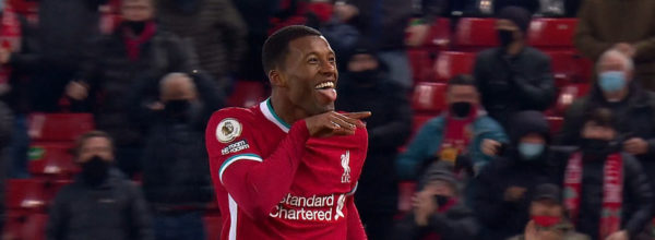 Wijnaldum celebrates in front of Virgil van Dijk