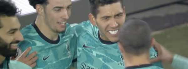 Roberto Firmino and Curtis Jones celebrate goal at Sheffield United