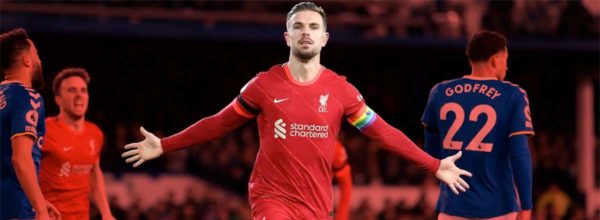Jordan Henderson celebrates scoring in 4-1 win over Everton at Goodison Park