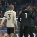 Klopp hugs Man of the Match Alisson Becker