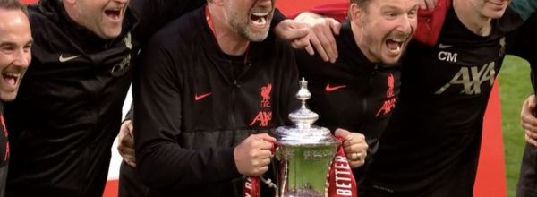 Jurgen Klopp and staff celebrate with the FA Cup