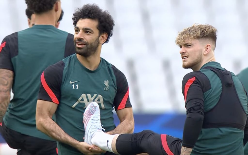 Mo Salah and Harvey Elliott smile during Champions League final training