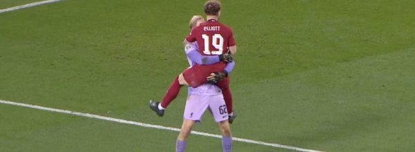 Caiomhin Kelleher and Harvey Elliott celebrate League Cup penalty win over Derby County