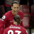 Virgil van Dijk celebrates his goal against Wolves