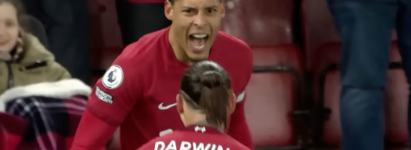 Virgil van Dijk celebrates his goal against Wolves