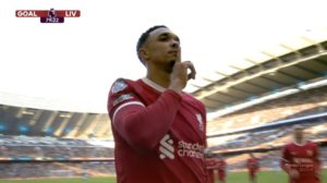 Trent Alexander-Arnold scores the equaliser against Man City