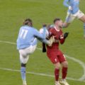 Jeremy Doku kicks Alexis Mac Allister in the chest - LFC 1-1 Man City