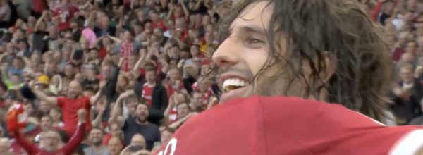 Dominik Szoboszlai celebrates his free kick against Arsenal